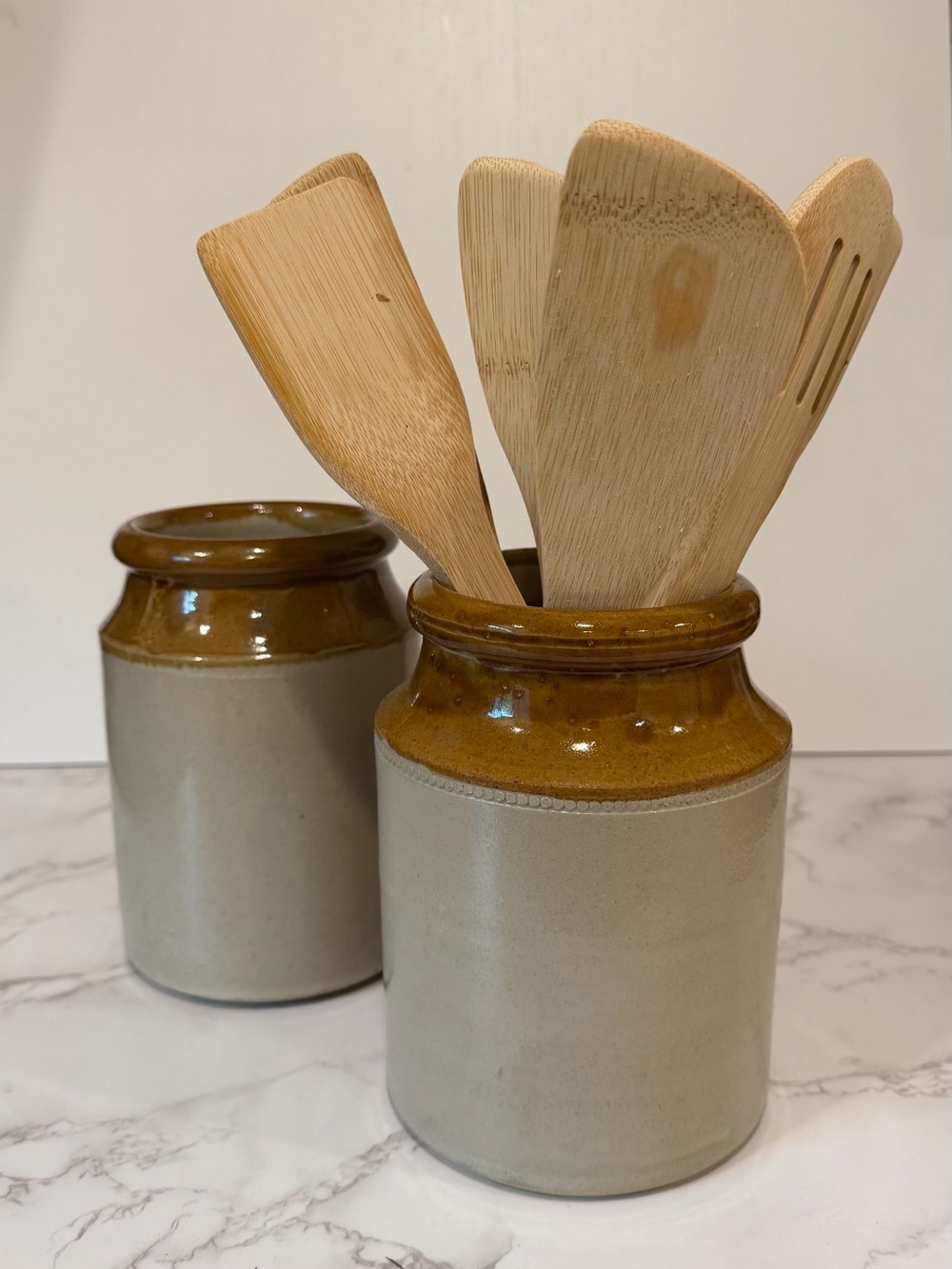 Vintage Stoneware Crock Jars Set of 2 Rustic Farmhouse Kitchen Cottagecore